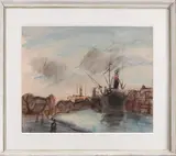 J. Altink, in het dok, Jan Altink (1885 Groningen - Groninger ploeg schilder), gemengde techniek op papier, in het dok 50x64cm