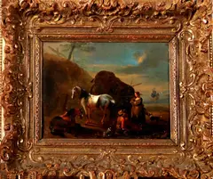 Schilderij op metaal, paarden en figuren, Ongesigneerd 18e-19e eeuw, olieverf op metaal, Italiaanse school met paarden en figuren 24x18cm