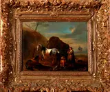Schilderij op metaal, paarden en figuren, Ongesigneerd 18e-19e eeuw, olieverf op metaal, Italiaanse school met paarden en figuren 24x18cm