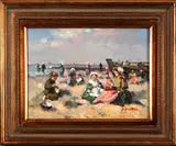 D. Pelotti, strandgezicht, Pelotti 21e eeuw, olieverf op paneel, strandgezicht met figuren 30x40cm