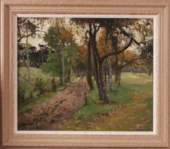 Evert Moll, ruiter, Evert Moll (Voorburg 1878 - Den Haag 1955), olieverf op linnen, bospad met figuren 60x50cm