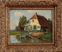 Johan Rockx ca, huisje aan water, 1930, olieverf op linnen, boerderij aan het water 45x36cm