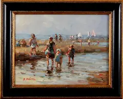 D. Pelotti, strandgezicht, Pelotti 21e eeuw, olieverf op paneel, strandgezicht met figuren 30x40cm