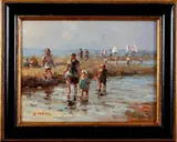 D. Pelotti, strandgezicht, Pelotti 21e eeuw, olieverf op paneel, strandgezicht met figuren 30x40cm