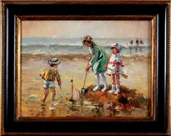 D. Pelotti, strandgezicht, Pelotti 21e eeuw, olieverf op paneel, strandgezicht met figuren 30x40cm
