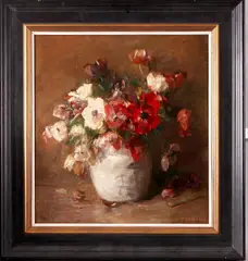 D. Meelis, bloemstilleven, Derk Meeles (Deventer 1872 - 1958 Hilversum), olieverf op linnen, pot met anemonen 53x57cm