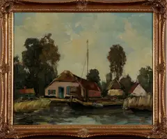A. Prins, landschap met boerderij en zeilboot, Prins 20e eeuw, olieverf op linnen, landschap met boerderij en zeilboot 40x50cm