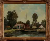 A. Prins, landschap met boerderij en zeilboot, Prins 20e eeuw, olieverf op linnen, landschap met boerderij en zeilboot 40x50cm