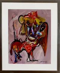Jan te Wierik, acryl op papier, Jan te Wierik 2002 (Hengelo 1954 - 2002 Rekken), acryl op papier, expressieve compositie met fantasiefiguren 57x70cm