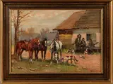 Onduidelijk gesigneerd Hongaarse school ca, paarden, 1930, olieverf op linnen, jagers met paarden en honden voor een huisje 35x50cm