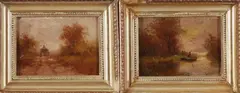 2 Schilderijen, H. ten Cate, 1900, olieverf op paneel, 2 landschappen met figuren 10x14cm