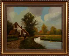 zomer by A. van de Burg, 1920, olieverf op linnen, landschap met figuur en huisje 42x33cm, sold Jul 2011