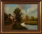 A. van de Burg, zomer, 1920, olieverf op linnen, landschap met figuur en huisje 42x33cm