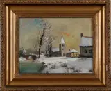 Onduidelijk gesigneerd ca, winterlandschap, 1920, olieverf op linnen, dorp in de winter 30x40cm