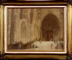 Jacobus Cornelis Wyand Cossaar, kerkinterieur, Jan Cossaar (Amsterdam 1874 - 1966 Den Haag), aquarel op papier, gezicht op een kerkingang met figuren 35x27cm