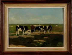 Geo Poggenbeek, koeien, Poggenbeek 1887 (1853 Amsterdam - 1903 Amsterdam), olieverf op paneel, landschap met koeien 32x24cm