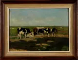Geo Poggenbeek, koeien, Poggenbeek 1887 (1853 Amsterdam - 1903 Amsterdam), olieverf op paneel, landschap met koeien 32x24cm