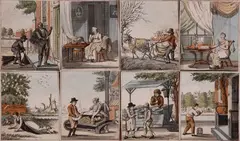 8 Plaatjes, 18e eeuw, 8 Ongesigneerde gravures 18e eeuw Holland, gravure op papier