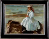 S. Raul, dame op ezel, Raul 20e eeuw, olieverf op paneel, strandgezicht met vrouw op ezel 30x40cm