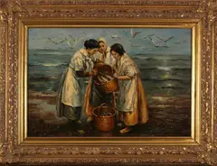 A. van Leeuw, strandgezicht, Gesigneerd A. van Leeuw 20e eeuw, olieverf op linnen, strandgezicht met figuren 60x90cm