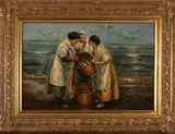 A. van Leeuw, strandgezicht, Gesigneerd A. van Leeuw 20e eeuw, olieverf op linnen, strandgezicht met figuren 60x90cm
