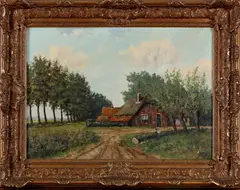 J. Th. Unger, landschap, 1930, olieverf op linnen, landschap met knotwilgen en boerderij 50x70cm