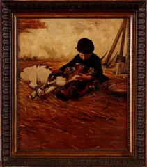 Ongesigneerd schilderij ca, jongentje met kalf, 1920, olieverf op linnen, jongen met kalf (restauratie middenboven) 33x40cm