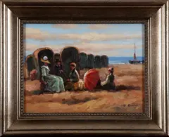 J. Evans, strandgezicht, Evans ,20e eeuw, olieverf op paneel, strandgezicht met figuren 30x40cm