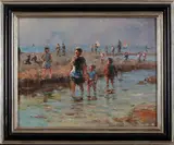 D. Pelotti, strandgezicht, Pelotti 20e eeuw, olieverf op paneel, strandgezicht met vele figuren 40x50cm