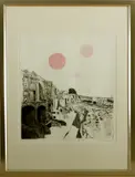 Joost Minnigh, eigendruk, Joost Minningh 1977, ets op papier, balonnen boven circe massimo 47x52cm