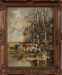 P. Terpstra, landschap, 1920, olieverf op linnen, landschap met boer en koeien 24x30cm
