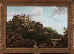 Monogram H.R., Bad Bentheim, 20e eeuw, olieverf op linnen, kasteel Bad Bentheim (naar Ruysdael) 100x70cm