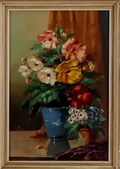 Tilly Moes ca, bloemstuk, 1930, olieverf op linnen, stilleven met bloemen op vaas 60x40cm