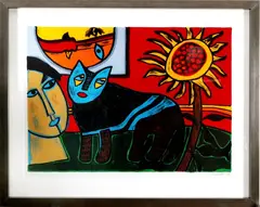 Guillaume Corneille Nr, litho, 88/250, zeefdruk op papier, kat met zon 121x90cm