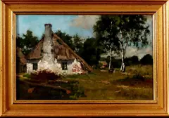 Jan van Vuuren, locomotiefhuisje, Jan van Vuuren (Molenaarsgraaf 1871 - 1941 Ermelo), olieverf op paneel, Het locomotiefhuisje met geit 52x33cm