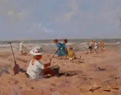 J. van Leeuwen, strandgezicht, J.J.H. van Leeuwen, olieverf op paneel, strandplezier bij Katwijk 40x50cm