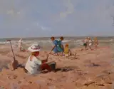J. van Leeuwen, strandgezicht, J.J.H. van Leeuwen, olieverf op paneel, strandplezier bij Katwijk 40x50cm