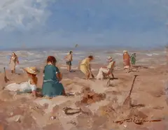J. van Leeuwen, strandgezicht, J.J.H. van Leeuwen, olieverf op paneel, strandplezier 25x20cm