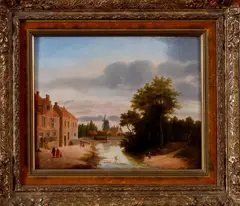 Del Campo, molen, Del Campo (Jan Kamp) 19e eeuw België, olieverf op paneel, dorpsgezicht met figuren 29x24cm