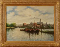 R. van Dyck, Hollands havengezicht, R. van Dyck 20e eeuw, olieverf op linnen, Hollands havengezicht 100x80cm