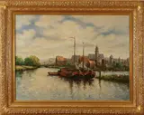 R. van Dyck, Hollands havengezicht, R. van Dyck 20e eeuw, olieverf op linnen, Hollands havengezicht 100x80cm