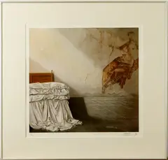Hans Peter Nagtegaal, het witte bed, Hans Peter Nagtegaal (11-09-1944 Amsterdam) Rietveld Academie, drukwerk op papier Nr 44, het witte bed 64x67cm