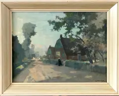 Ype Wenning, landschap, Ype Wenning (Leeuwarden 1879 - 1959 Wassenaar), olieverf op linnen, landschap met boerderij en vrouwtje 30x40cm