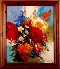 S. Nolte, bloemen, Nolte (Duitsland), olieverf op linnen, compositie van kleurrijke bloemen 50x60cm