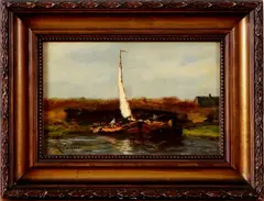 Gesigneerd C. v.d. Windt, landschap met boten, Windt, olieverf op paneel, landschap met boten 26x17cm