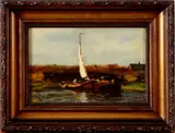 Gesigneerd C. v.d. Windt, landschap met boten, Windt, olieverf op paneel, landschap met boten 26x17cm
