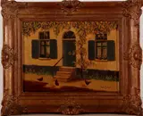 Paul Burgers, olieverf op doek, Paul Burgers begin 20e eeuw, olieverf op linnen, kippen voor een oud huis 30x40cm