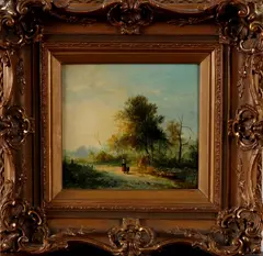 Eind 19e eeuw, onbekend, 1900, olieverf op paneel, landschap met figuren 22x20cm