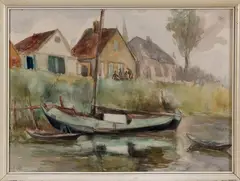 J. Pieneman, bootje, Johanna Hendrika Pieneman (1889 Amsterdam), aquarel op papier, huizen aan het water met zeilboot 37x27cm