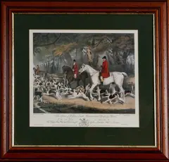 R. Davis, jacht, Engelse prent op papier van een vossenjacht met diverse figuren, 37x30cm
